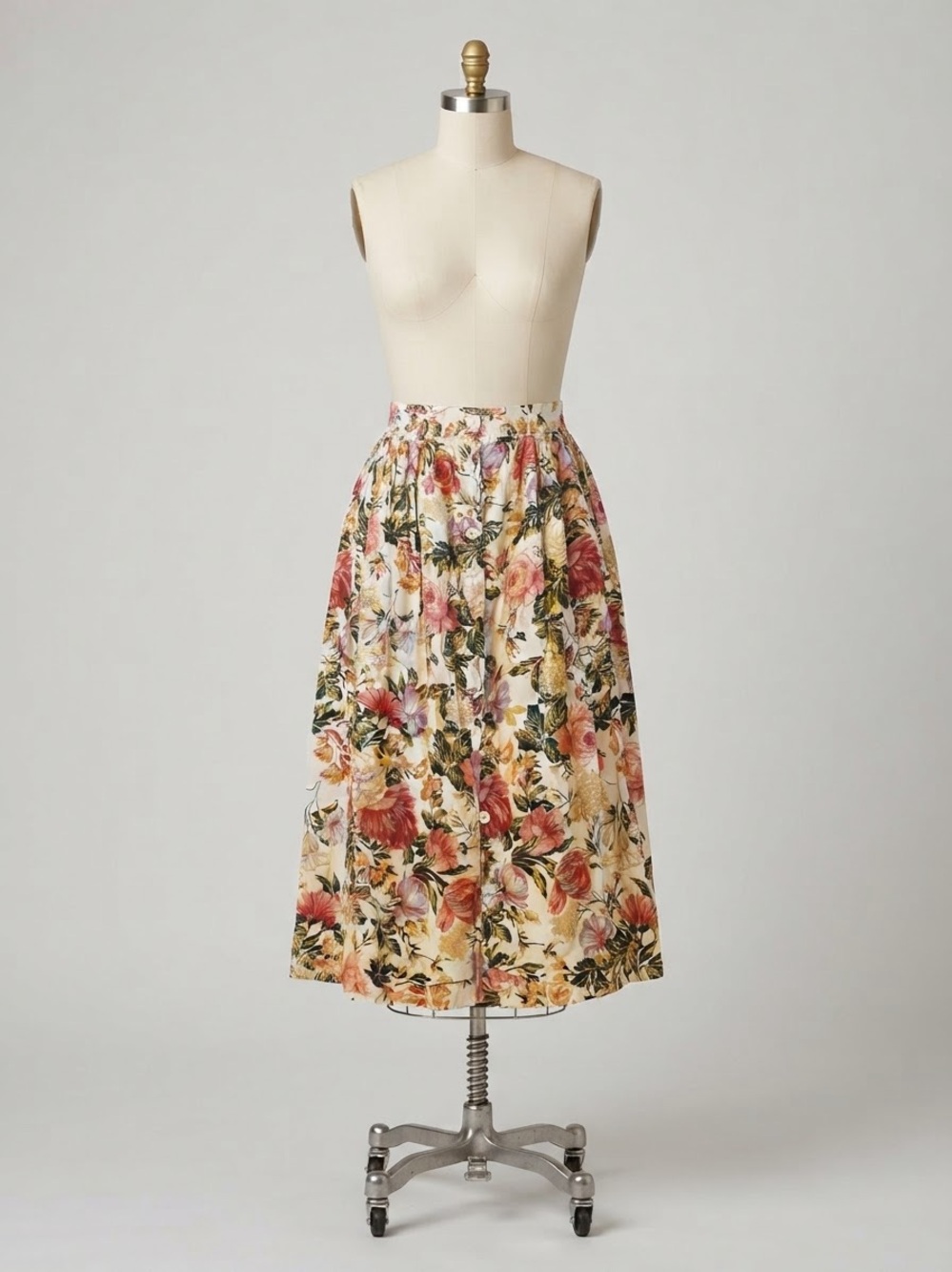 Cream Floral Midi Skirt with Pink and Red Blooms